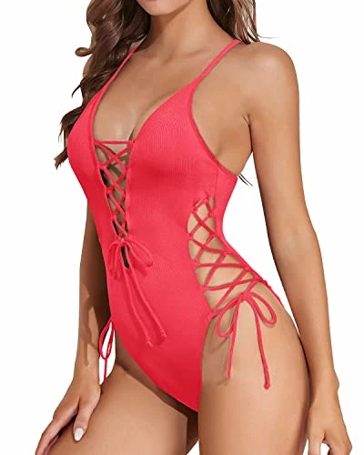 Open Back Sexy One Piece Swimsuit For Women-Neon Red 3 Open Back Sexy One Piece Swimsuit For Women-Neon Red - Image 3