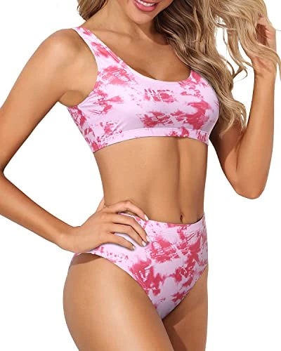 High Cut Bikini Crop Top Bottoms For Long Torso Two Piece Scoop Neck Bikini-Pink Tie Dye 3 High Cut Bikini Crop Top Bottoms For Long Torso Two Piece Scoop Neck Bikini-Pink Tie Dye - Image 3