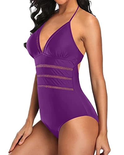 Women's Halter Plunge V-Neck Monokini One Piece Swimsuit-Purple 2 Women's Halter Plunge V-Neck Monokini One Piece Swimsuit-Purple - Image 2