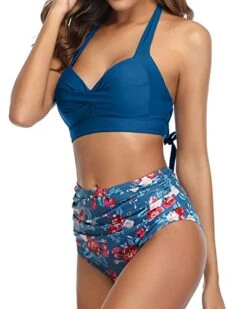 Figure-Flattering Pleated Front Halter Ruched High Waist Bikini-Blue Floral -Bikini Beach Shop 41EuwDhCC L