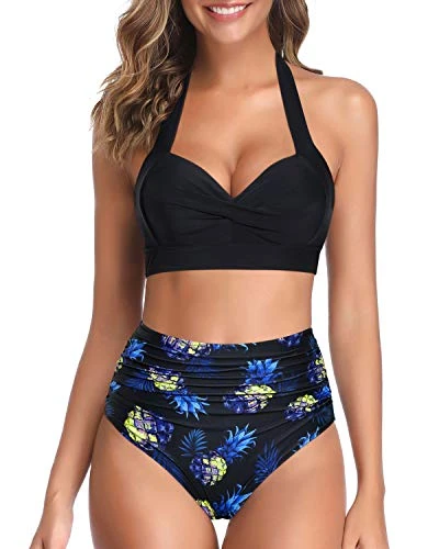 Two Piece High Waist Bikini Women's Bikini Swimsuits-Black Pineapple 1 Two Piece High Waist Bikini Women's Bikini Swimsuits-Black Pineapple