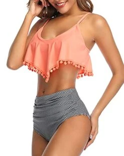 High Waisted Bikini Set Ruffle And Ruched High Rise Bottom-Coral Pink Stripe -Bikini Beach Shop 41Ez6pjBUFL b2b494d8 6d2e 4810 9d68 d1b7e811fd5b