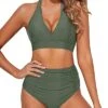 Push Up Halter Bikini Set Tummy Control Ruched High Waisted Bikini-Olive Green