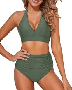 Push Up Halter Bikini Set Tummy Control Ruched High Waisted Bikini-Olive Green