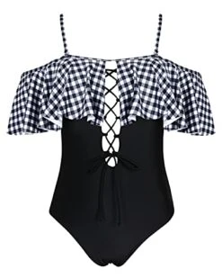 Flirty Lace-Up Off-Shoulder One Piece Swimsuit For Women-Black And White Checkered -Bikini Beach Shop 41Ftrpyoh6L