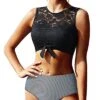 Cute Lace Tie Knot Front High Waisted Women's 2 Piece Swimsuit-Black Stripe