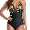 Sexy Halter Ruched Swimwear Black Halter Bathing Suits-Black Pink Flowers