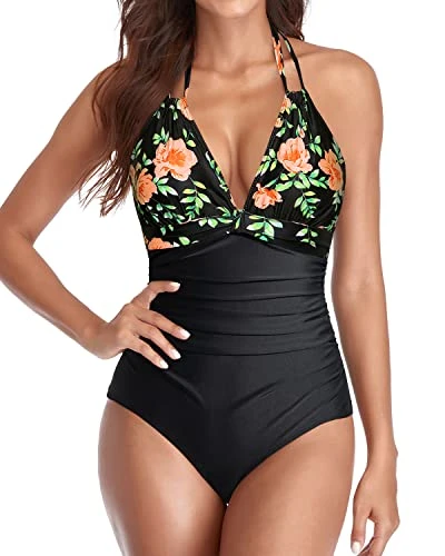 Sexy Halter Ruched Swimwear Black Halter Bathing Suits-Black Pink Flowers 1 Sexy Halter Ruched Swimwear Black Halter Bathing Suits-Black Pink Flowers