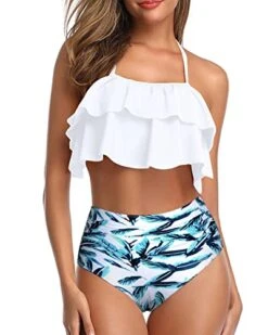 Flattering Two Piece Ruffle High Waisted Bikini-White Leaf