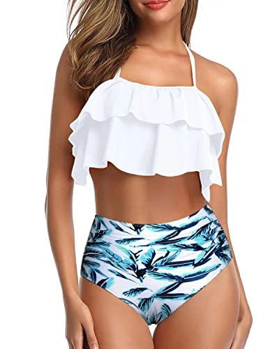 Flattering Two Piece Ruffle High Waisted Bikini-White Leaf 1 Flattering Two Piece Ruffle High Waisted Bikini-White Leaf