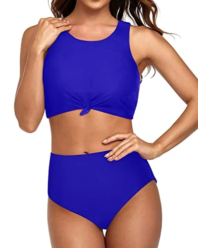 High Neck Tie Knot Bathing Suit Sporty Two Piece Swimsuits-Royal Blue 2 High Neck Tie Knot Bathing Suit Sporty Two Piece Swimsuits-Royal Blue - Image 2