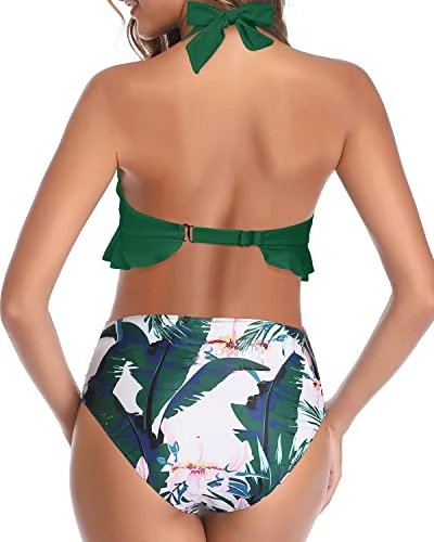 Ruched High Waisted Bikini Two Piece Swimsuits-Green Tropical Floral 2 Ruched High Waisted Bikini Two Piece Swimsuits-Green Tropical Floral - Image 2
