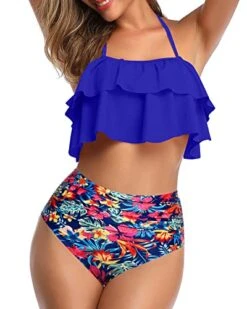 Stylish Two Piece High Waisted Bikini-Royal Blue Floral -Bikini Beach Shop 41GgZ OhhQL