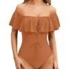 Slimming Longer Torso One Piece Lace Up Ruffled Swimsuit For Women-Brown