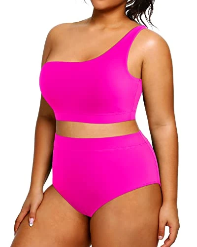 Women's Plus Size High Waisted One Shoulder Two Piece Bikini Swimsuit 3 Women's Plus Size High Waisted One Shoulder Two Piece Bikini Swimsuit - Image 3