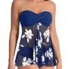 Women's Halter Bandeau Flyaway Tankini Set Mid Rise Bikini Bottoms-Blue White