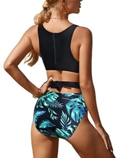 Tummy Slimming Sexy Women One Piece Swimsuits-Black And Green Leaf -Bikini Beach Shop 41H9w FBP4L