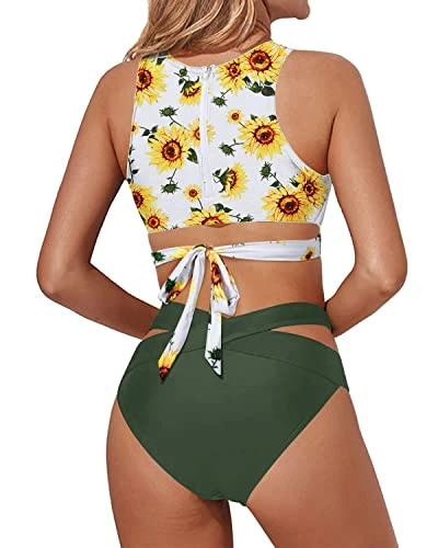 Flattering Racerback Zipper Tank Top Two Piece High Neck Bikini Set-Sunflower 2 Flattering Racerback Zipper Tank Top Two Piece High Neck Bikini Set-Sunflower - Image 2