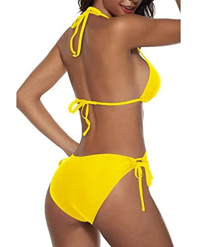 Halter Top Tie Side Bottom Women Two Piece Bikini-Neon Yellow 2 Halter Top Tie Side Bottom Women Two Piece Bikini-Neon Yellow - Image 2