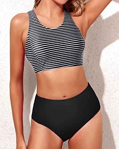 Women's Two Piece Scoop Neck High Waisted Bikini Set-Black And White Stripe 3 Women's Two Piece Scoop Neck High Waisted Bikini Set-Black And White Stripe - Image 3