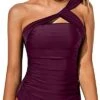Cute And Sexy Ruched Swim Top Tummy Control Tankini Top-Maroon