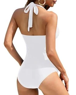 Self-Tie Halter Neck Slimming One Piece Swimsuits-White -Bikini Beach Shop 41INlSmTX2L
