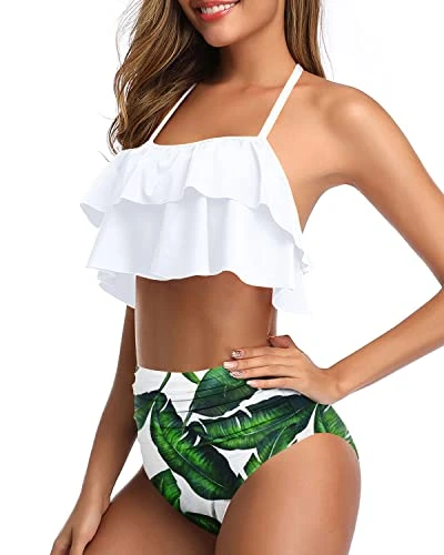 Vintage Halter Bikini Ruffled Tummy Control Bottoms-White Leaf 3 Vintage Halter Bikini Ruffled Tummy Control Bottoms-White Leaf - Image 3