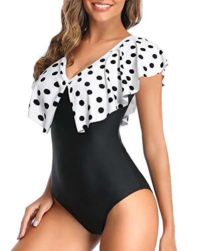Bathing Suit Ruffle Shoulders For Tummy Control-White Black Polka Dots 3 Bathing Suit Ruffle Shoulders For Tummy Control-White Black Polka Dots - Image 3