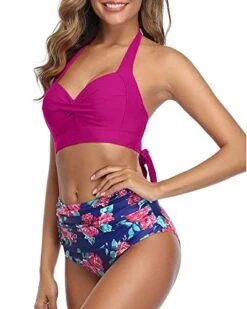 Retro Halter Ruched High Waist Bikini Women's Bikini Swimsuits-Pink Floral -Bikini Beach Shop 41IlvD w2CL