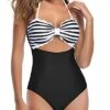 Women's High Waist Ruched Tummy Control Swim Bottoms-Black And White Stripe