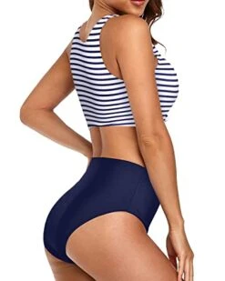 Tie Knot Front Bikini Set Sporty Two Piece Swimsuits-Blue White Stripe -Bikini Beach Shop 41IrfgTov L