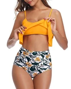 Women's High Waisted Ruffle Ruched 2 Piece Bikini Set-Yellow Floral -Bikini Beach Shop 41IxVivl4ML