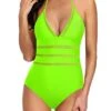 Sexy One Piece Monokini Hollow Out Tie Knot Back Bathing Suit Halter Plunge V Neck Swimsuit Tie Knot Back Bathing Suit-Neon Green