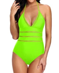 Sexy One Piece Monokini Hollow Out Tie Knot Back Bathing Suit Halter Plunge V Neck Swimsuit Tie Knot Back Bathing Suit-Neon Green