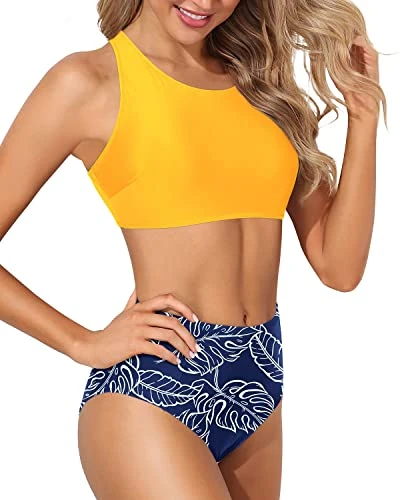 Removable Padded High Neck Racerback Two Piece Bikini Set-Yellow And Blue Leaf 3 Removable Padded High Neck Racerback Two Piece Bikini Set-Yellow And Blue Leaf - Image 3