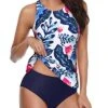 Two Piece Tankini Swimsuits High Neck And Shorts-White And Blue Floral