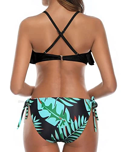 Flounce Cross Back Bathing Suit Bikini For Women Set-Black And Green Leaf 2 Flounce Cross Back Bathing Suit Bikini For Women Set-Black And Green Leaf - Image 2
