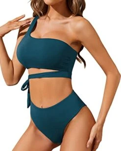 Sexy Two Piece High Waisted One Shoulder Bikini Set High Cut Bottoms-Teal 7 Sexy Two Piece High Waisted One Shoulder Bikini Set High Cut Bottoms-Teal -Bikini Beach Shop 41JNpOgWZIL
