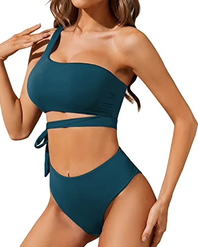 Sexy Two Piece High Waisted One Shoulder Bikini Set High Cut Bottoms-Teal 4 Sexy Two Piece High Waisted One Shoulder Bikini Set High Cut Bottoms-Teal - Image 4