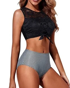 Cute Lace Tie Knot Front High Waisted Women's 2 Piece Swimsuit-Black Stripe -Bikini Beach Shop 41JOAZX3L5L 7b5ccfdc 6620 4ce1 ac92 f005c202cdde