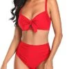 Cute Two Piece Bikini Set Tummy Control Ruched Bikini-Neon Red
