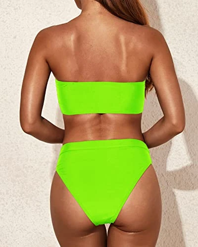 Visual Longer Legs Bikini Set Women Two Piece Bandeau Swimsuit-Neon Green 2 Visual Longer Legs Bikini Set Women Two Piece Bandeau Swimsuit-Neon Green - Image 2