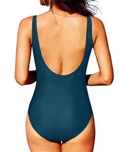 Chic Ruched Tummy Control Round Neck One Piece Swimsuits-Teal -Bikini Beach Shop 41JSr7hbfPL