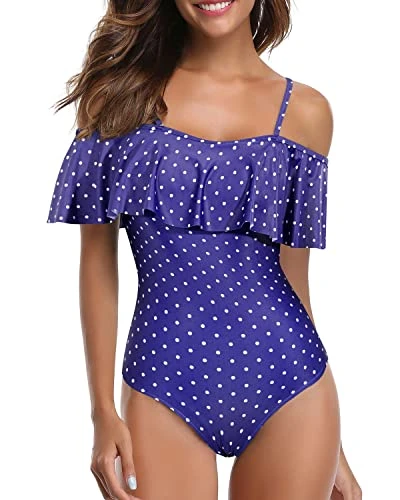 Retro Tummy Control One Piece Swimsuit Off Shoulder Women's Bathing Suit-Navy Blue Polka Dot 1 Retro Tummy Control One Piece Swimsuit Off Shoulder Women's Bathing Suit-Navy Blue Polka Dot