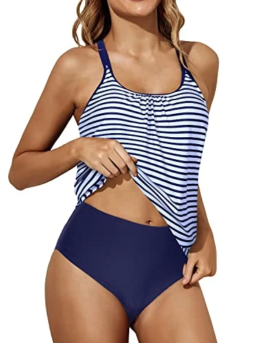 7 Soft Removable Padded Push Up Tankini Swimsuits-Blue White Stripe 4 7 Soft Removable Padded Push Up Tankini Swimsuits-Blue White Stripe - Image 4