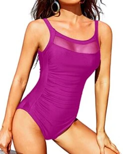 Mesh Round Neck One Piece Ruched Tummy Control Swimwear-Hot Pink -Bikini Beach Shop 41JhLttkKvL