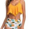 Women's Chic Flounce Scoop Neck Adjustable Spaghetti Straps Backless Removable Padded Cute Ruched Tummy Control Ruffled High Waisted Full Coverage Sexy Bikini-Yellow Pineapple1