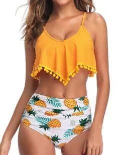 Women's Chic Flounce Scoop Neck Adjustable Spaghetti Straps Backless Removable Padded Cute Ruched Tummy Control Ruffled High Waisted Full Coverage Sexy Bikini-Yellow Pineapple1