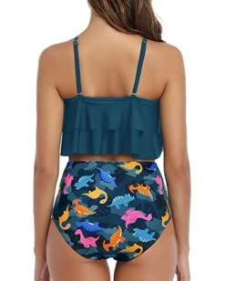 Retro High Waisted Ruffle Ruched Women's 2 Piece Bikini Set-Blue Green Dinosaur -Bikini Beach Shop 41K3 a0zTZL