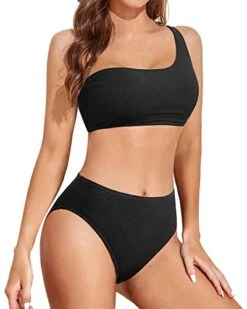 Women's One Shoulder High Waisted High Cut Bikini Set-Black -Bikini Beach Shop 41K8jzghenL